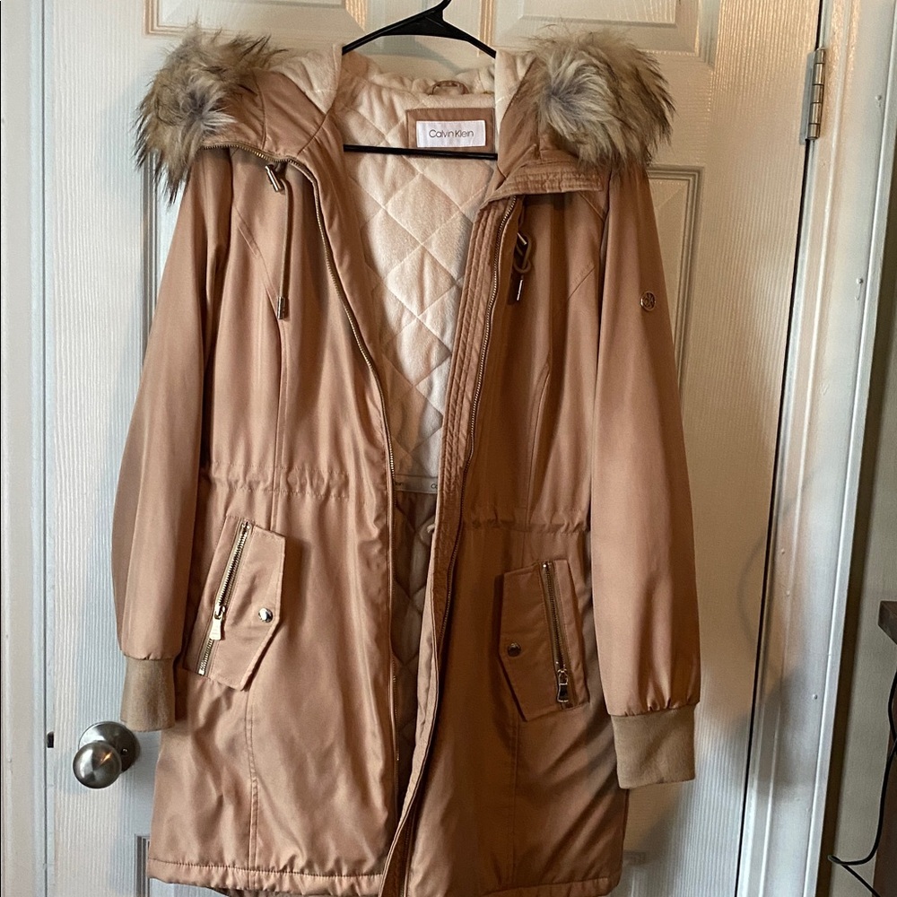 Calvin Klein parka coat fur hood beige
